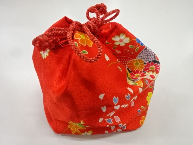 JAPANESE KIMONO / ANTIQUE DRAWSTRING BAG FOR KIDS / FLORAL PLANTS